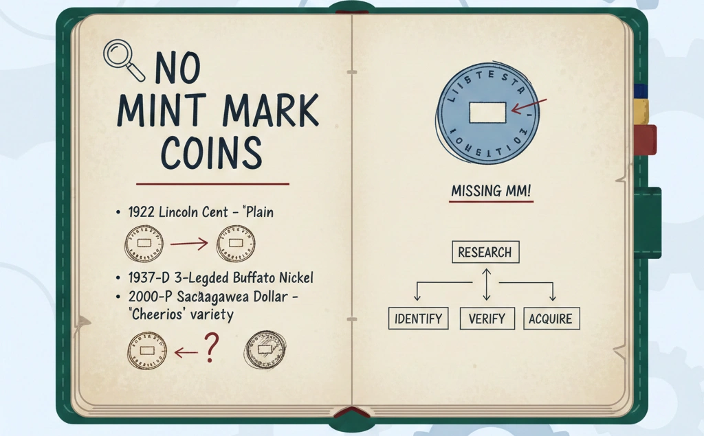 Collector notebook with handwritten notes about no mint mark coins