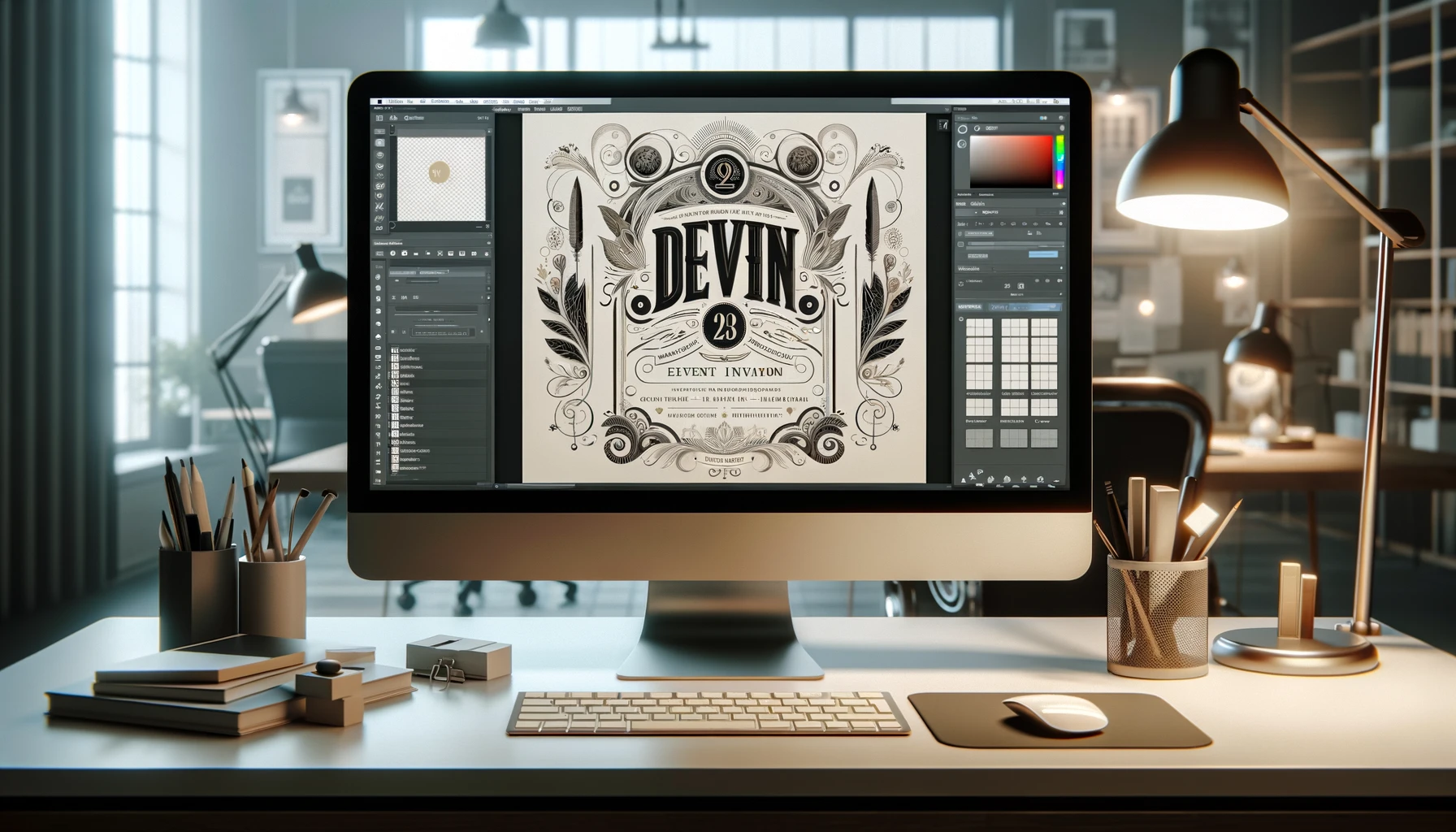 A modern digital workspace featuring a desktop computer screen displaying an event invitation design in Canva, with elements like stylized text and decorative graphics.