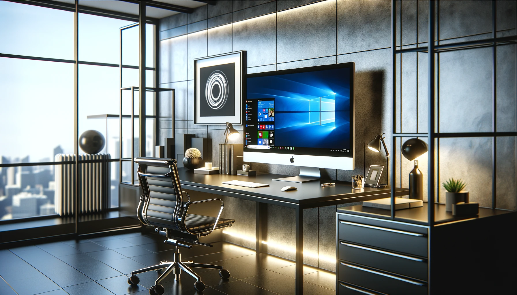 a modern office with a Windows 10 computer on a desk.
