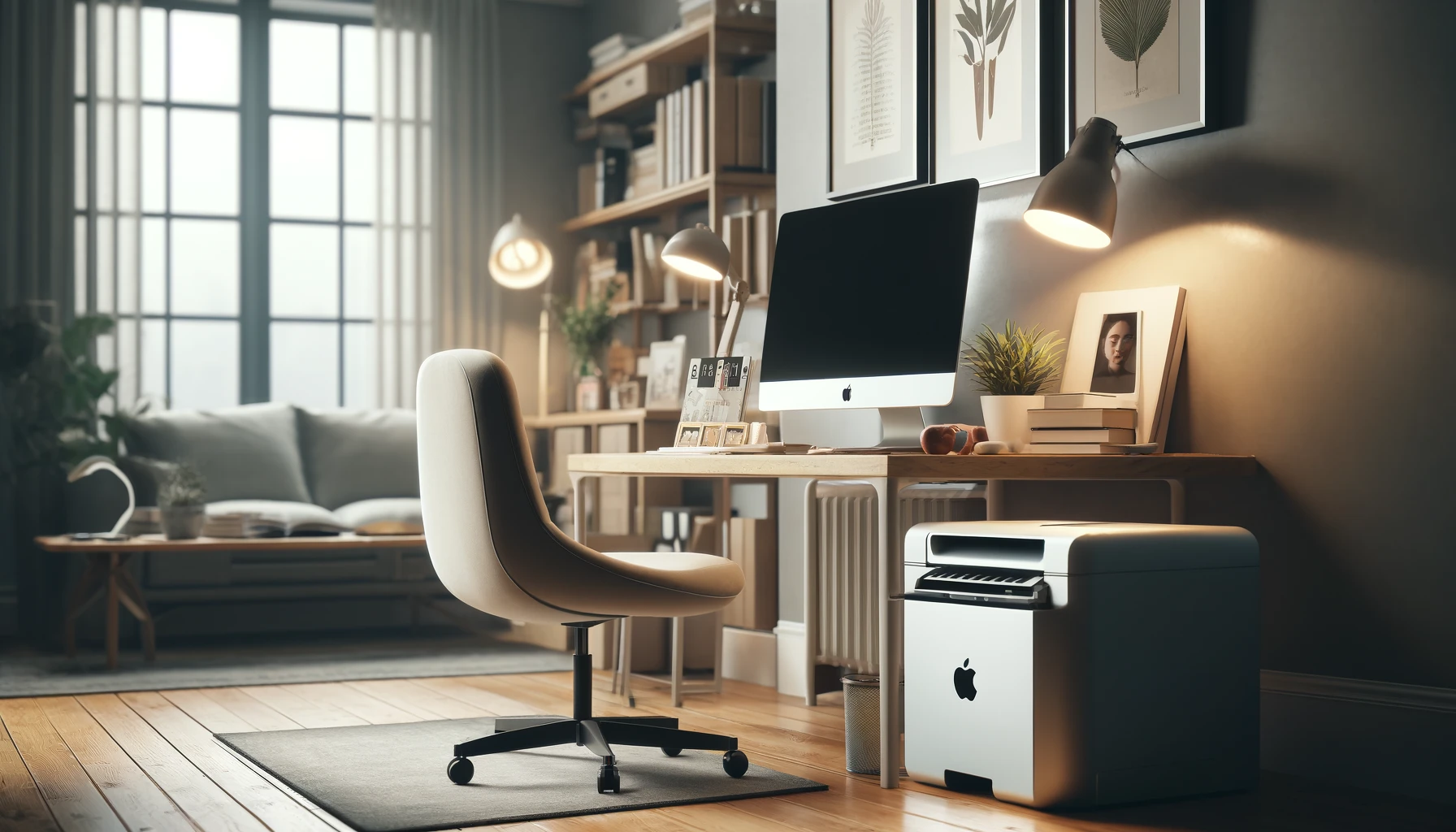 a cozy home office setup showing a Mac computer connected to a printer via a USB cable.