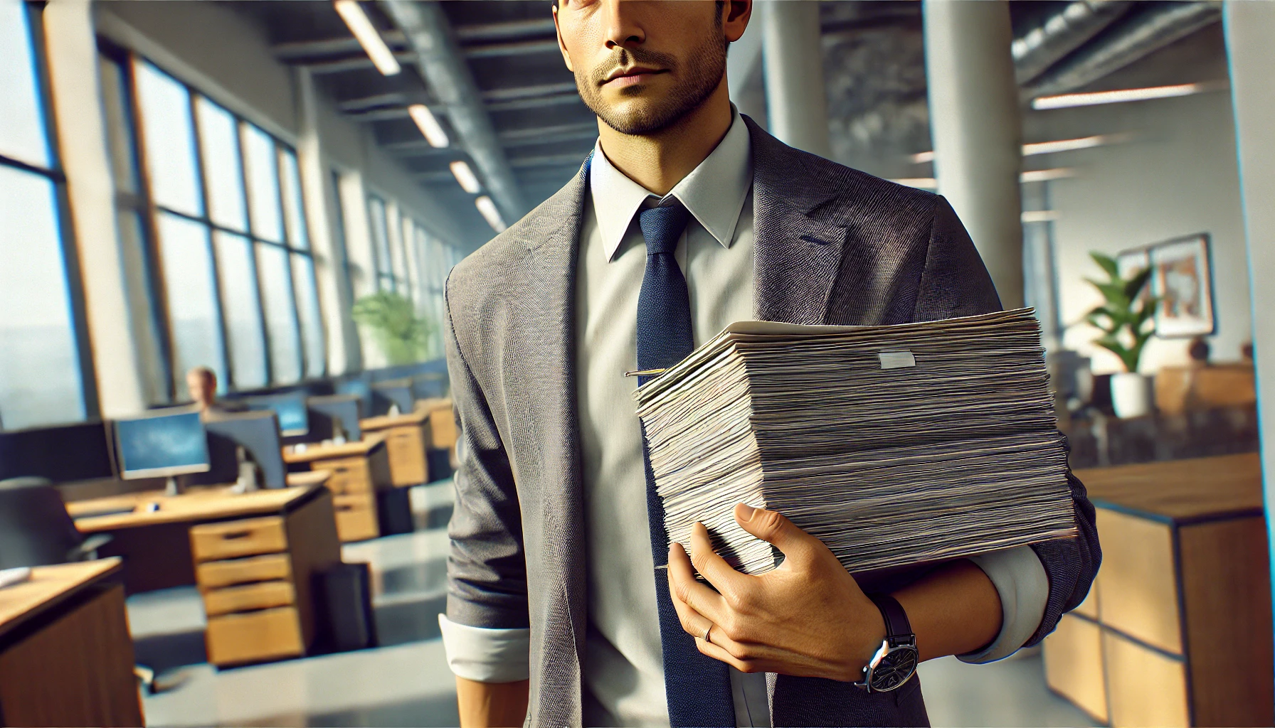 A man in an office, carrying a smaller stack of papers, set against a softly blurred background.
