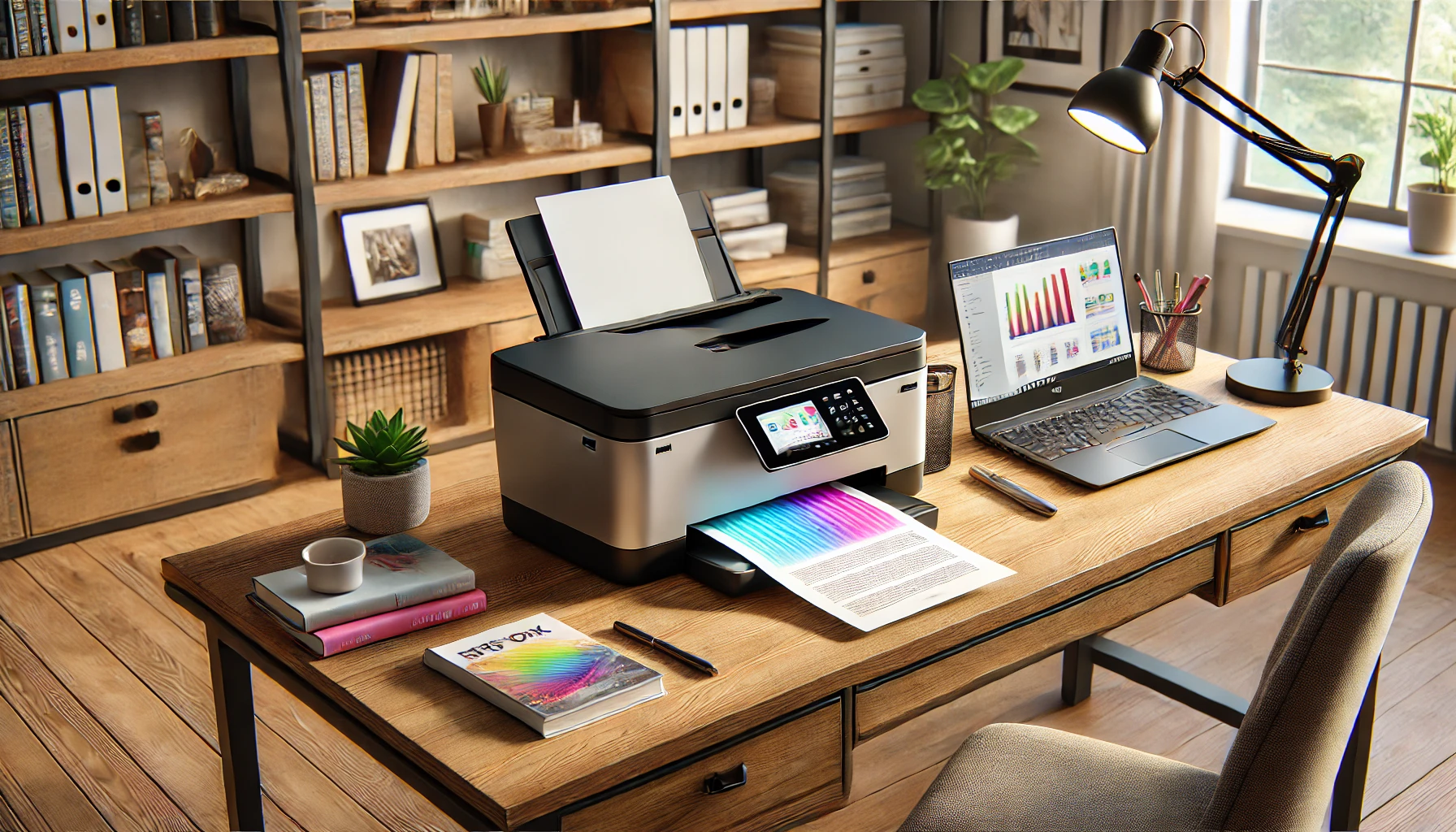 a modern home office setup featuring a sleek all-in-one inkjet printer on a wooden desk.