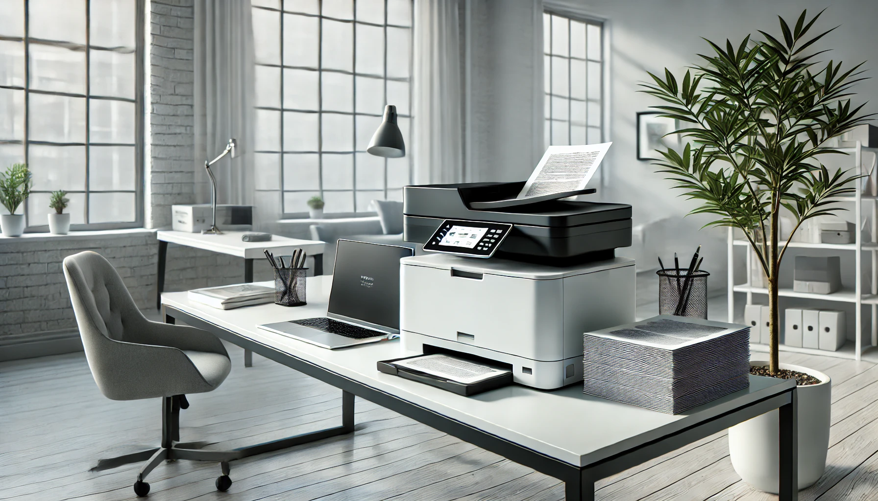 a home office environment featuring a modern laser printer on a clean white desk.