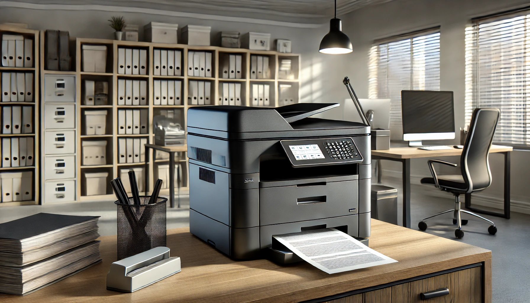 a small business office with a sleek, high-volume laser printer on a desk.