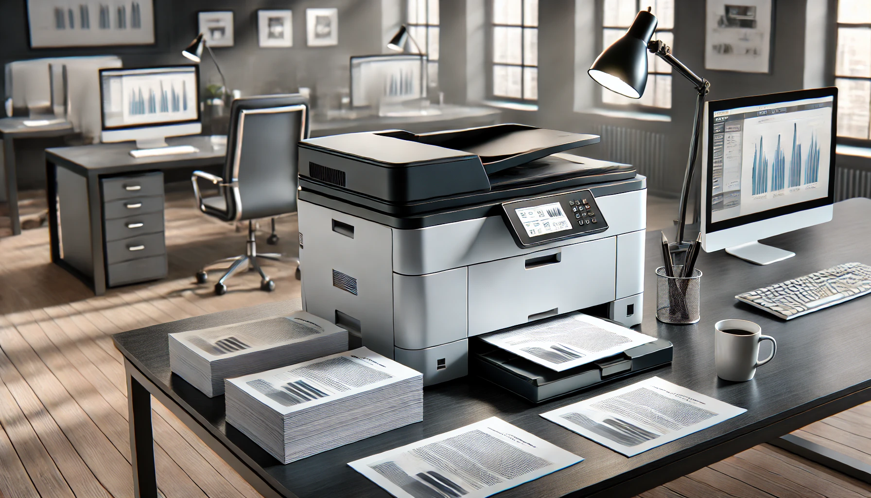 a modern laser printer in a busy office setting.