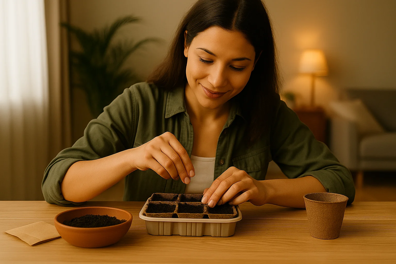 A young woman carefully fills small pots with seed-starting mix, preparing them for sowing on her windowsill.