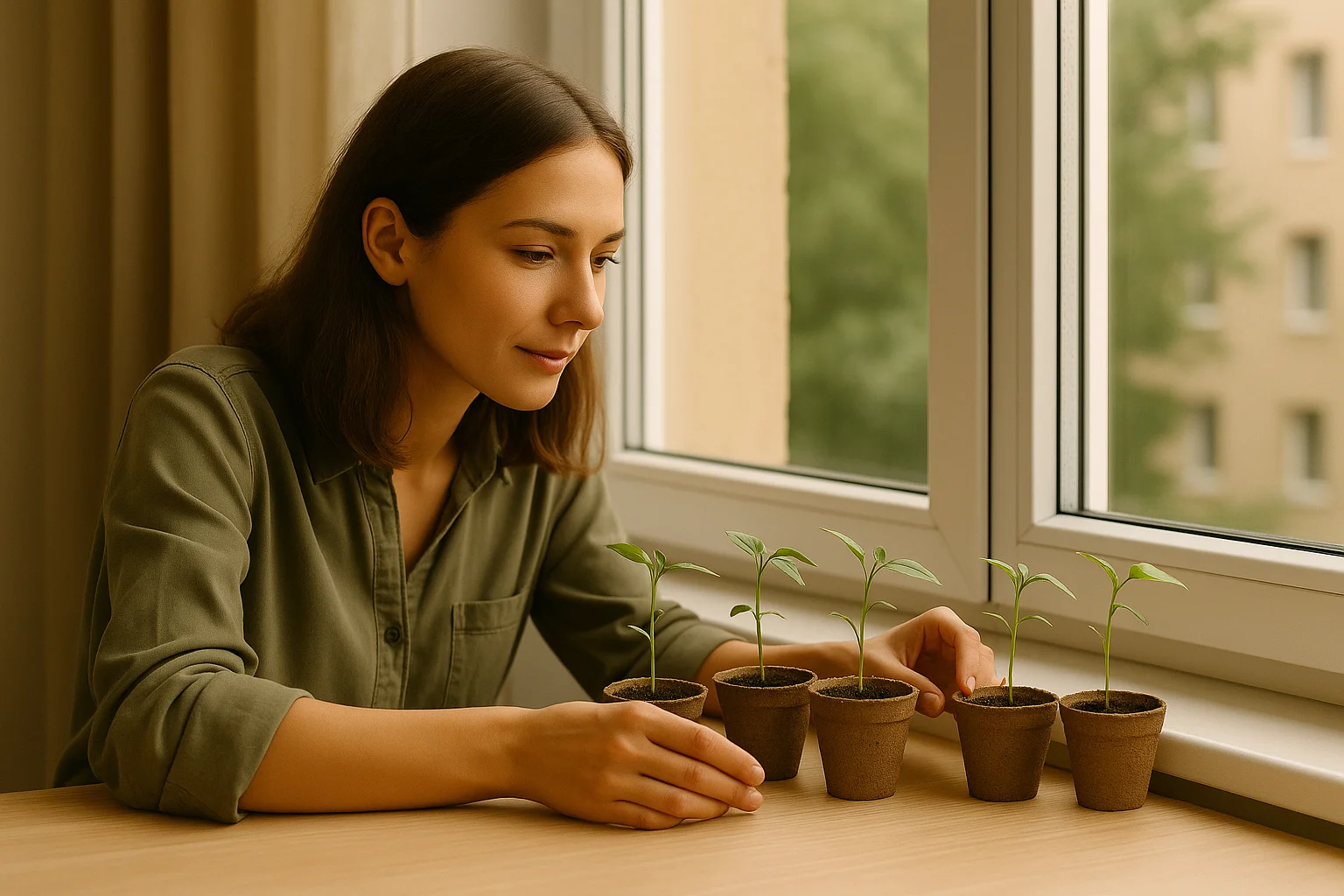 A woman rotates her seedling pots toward the window to prevent the young sprouts from leaning too far in one direction.