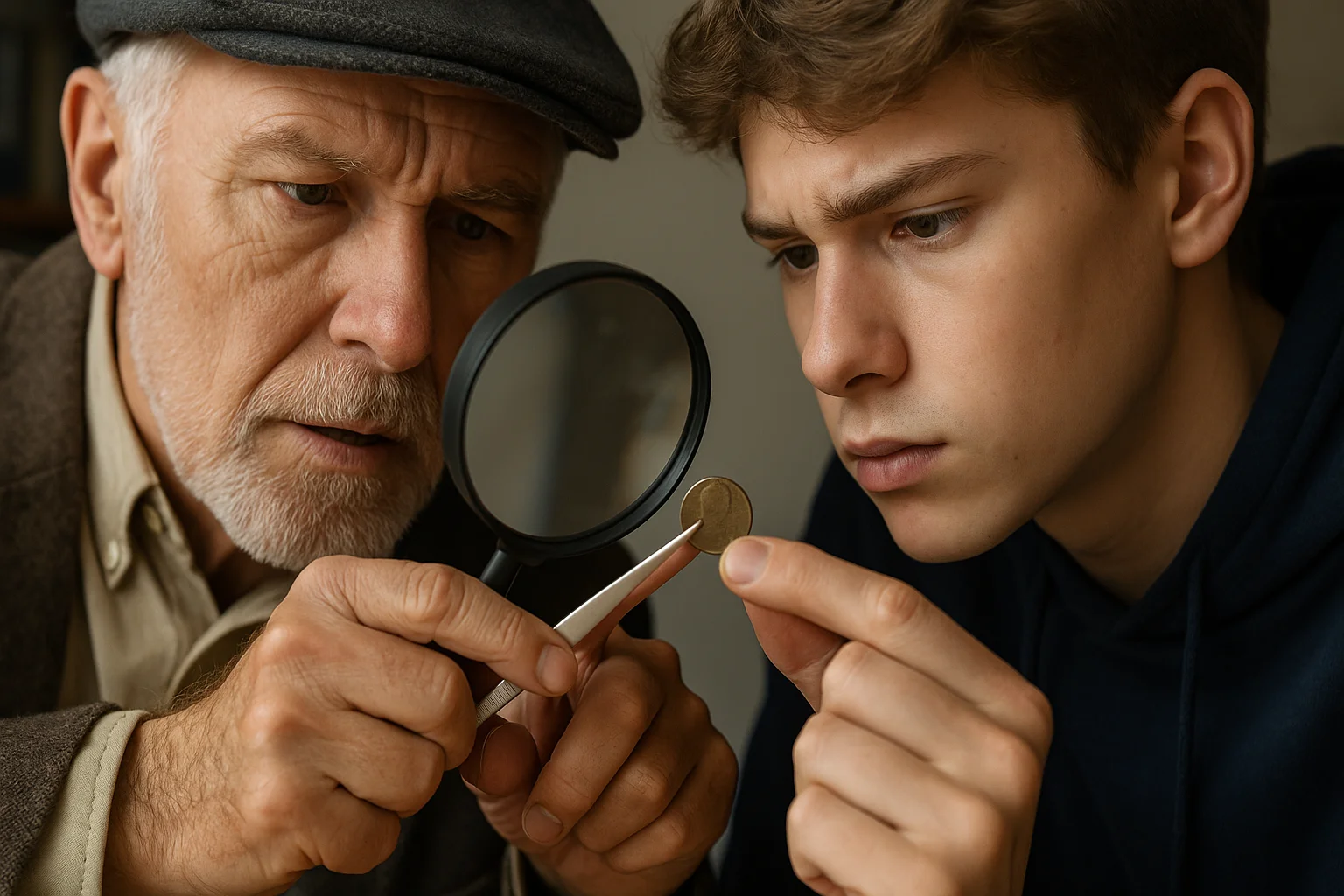 An experienced numismatist points out a date alteration on a penny to a curious teenager, highlighting the forged “3” with a magnifying glass.