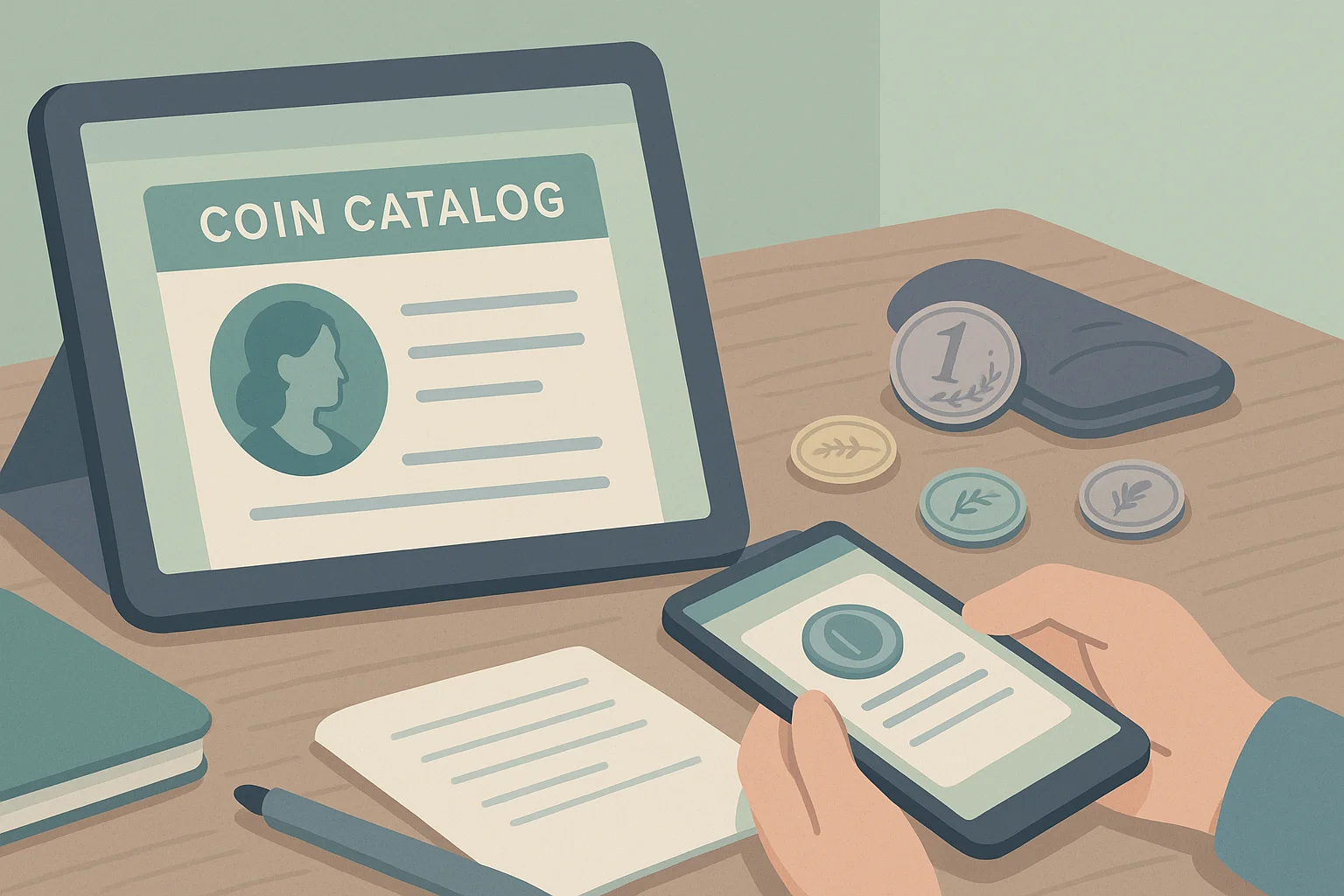 A coin catalog displayed on the screen.