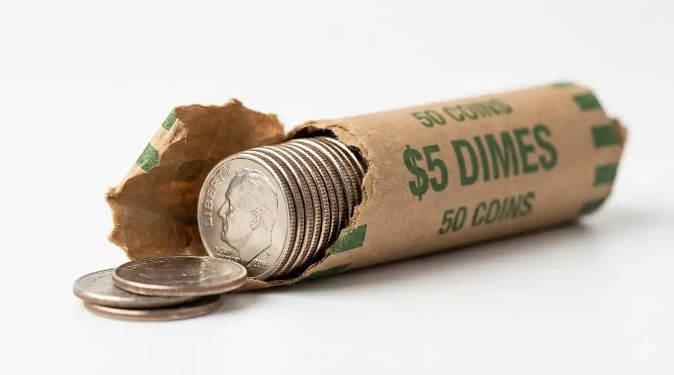Close-up of US dimes stacked in a roll