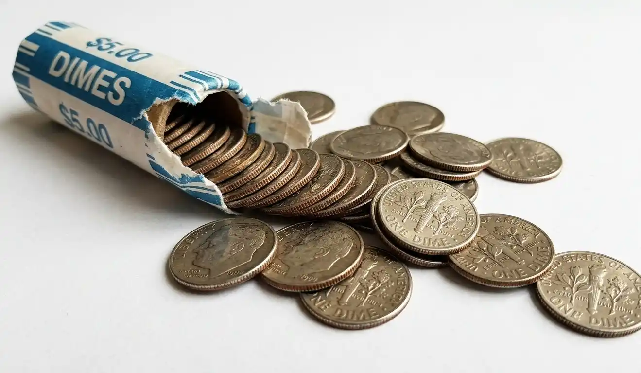 Unwrapped roll of dimes slightly spread
